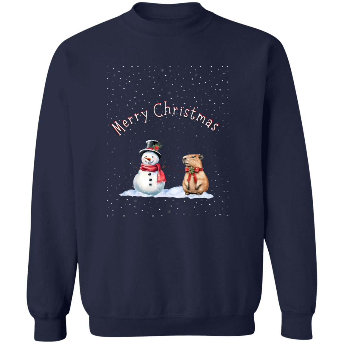 Merry Christmas Jolly Snowman walking a Capybara Ladies Cozy Sweatshirt