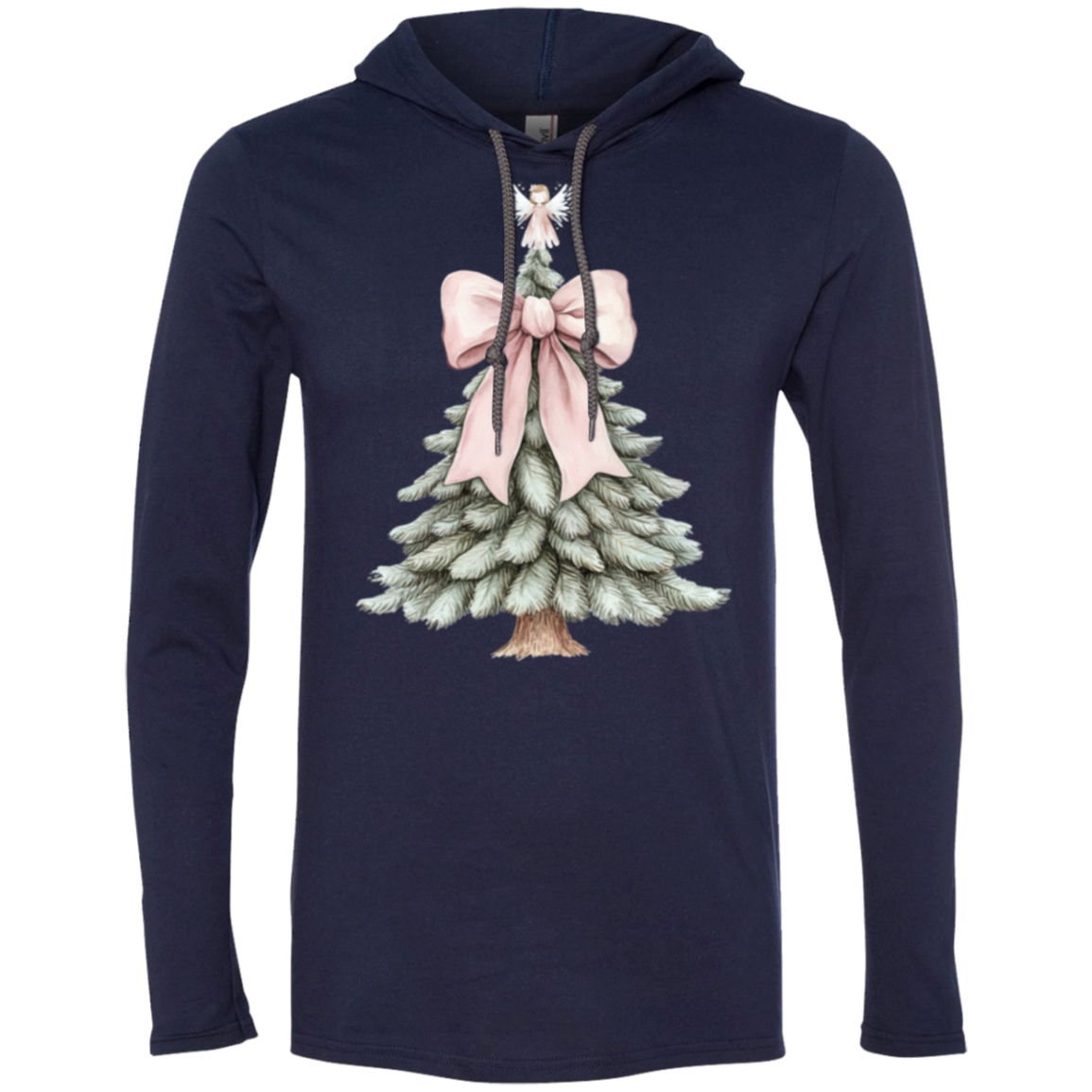 Christmas Tree Pink Bow & Angel Ladies Croquette Style LS T-Shirt Hoodie