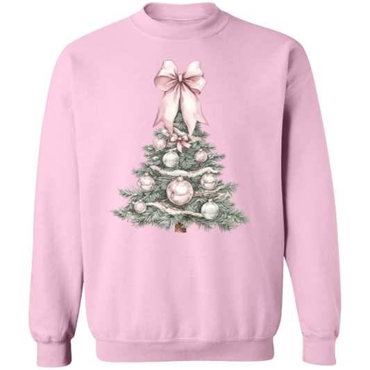 Ladies Cute Croquette Style Pink Bow Christmas Tree Sweatshirt