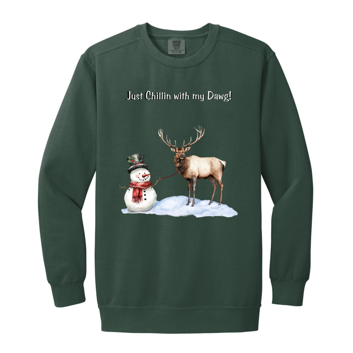 Snowman Chillin with Big Elk Reindeer Ladies Garment-Dyed Faded Crewneck Sweatshirt