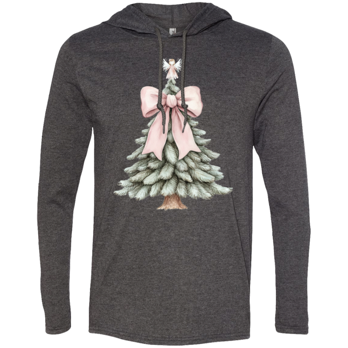 Christmas Tree Pink Bow & Angel Ladies Croquette Style LS T-Shirt Hoodie