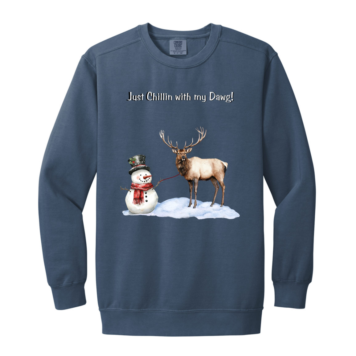 Snowman Chillin with Big Elk Reindeer Ladies Garment-Dyed Faded Crewneck Sweatshirt