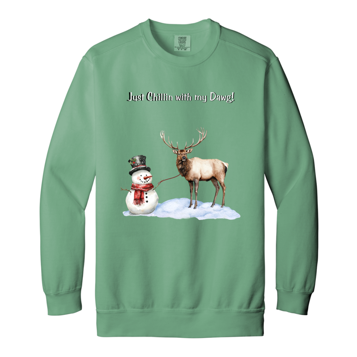 Snowman Chillin with Big Elk Reindeer Ladies Garment-Dyed Faded Crewneck Sweatshirt