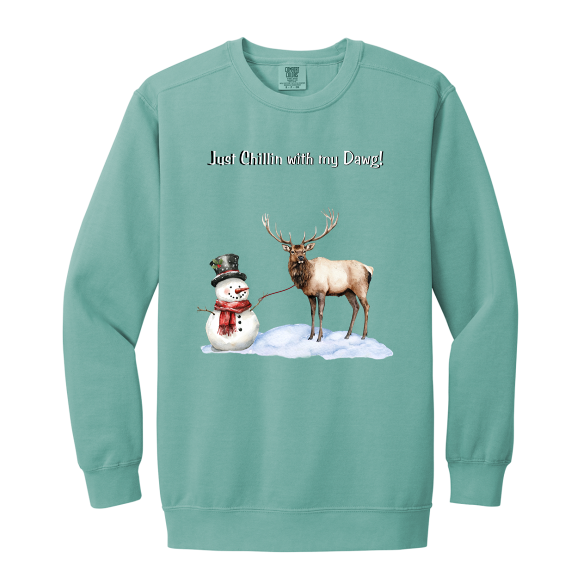 Snowman Chillin with Big Elk Reindeer Ladies Garment-Dyed Faded Crewneck Sweatshirt