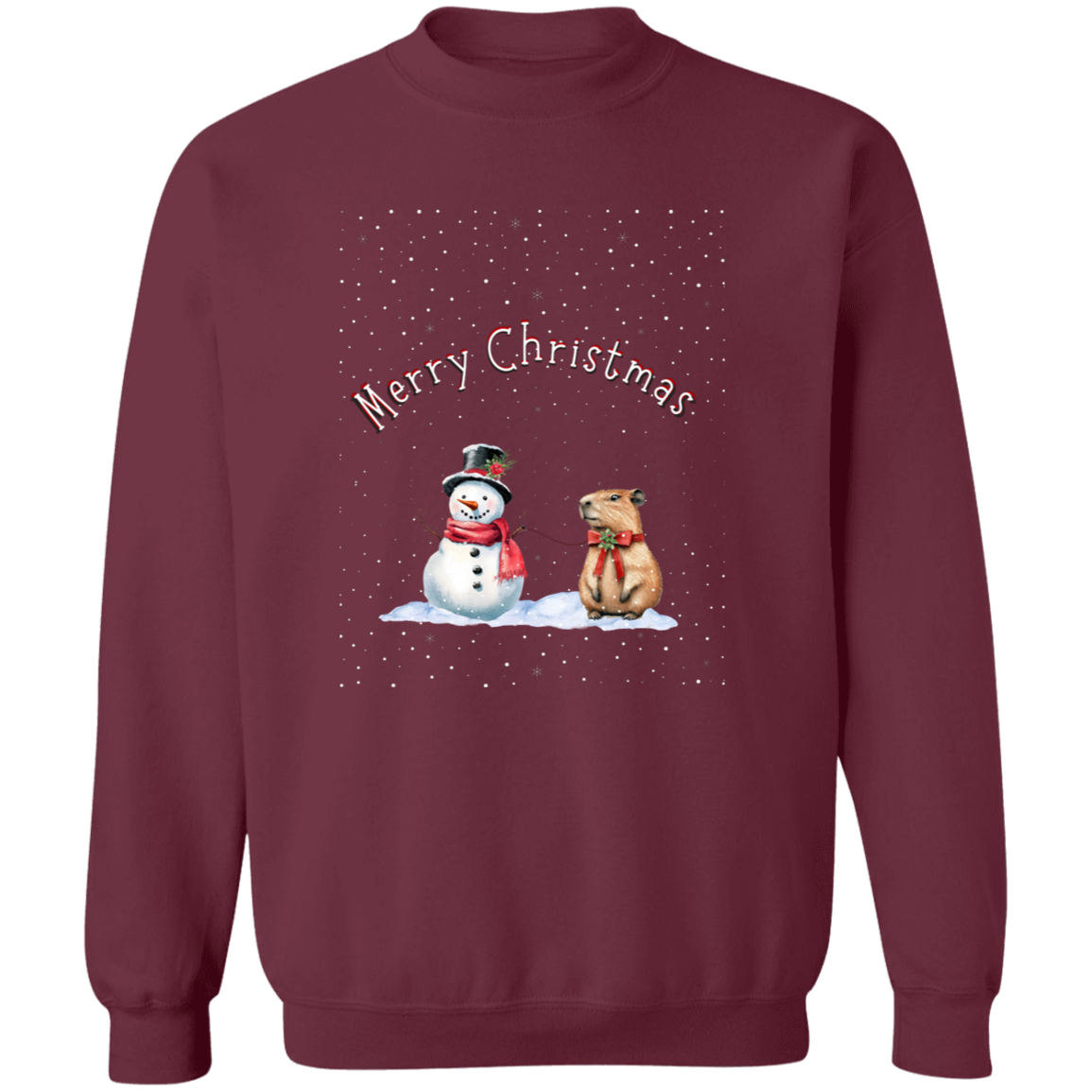 Merry Christmas Jolly Snowman walking a Capybara Ladies Cozy Sweatshirt