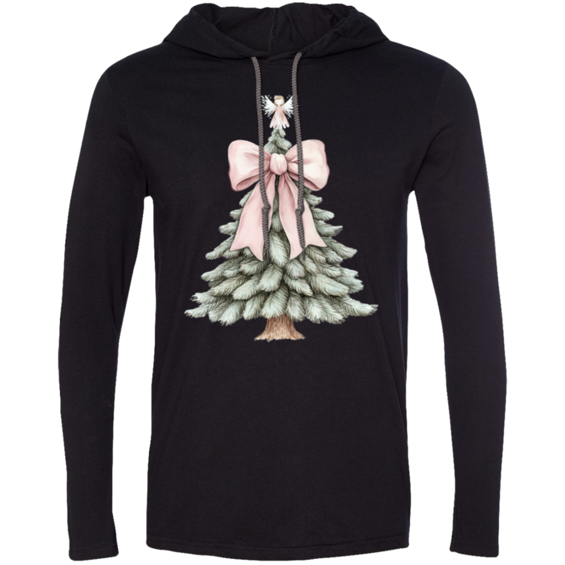 Christmas Tree Pink Bow & Angel Ladies Croquette Style LS T-Shirt Hoodie