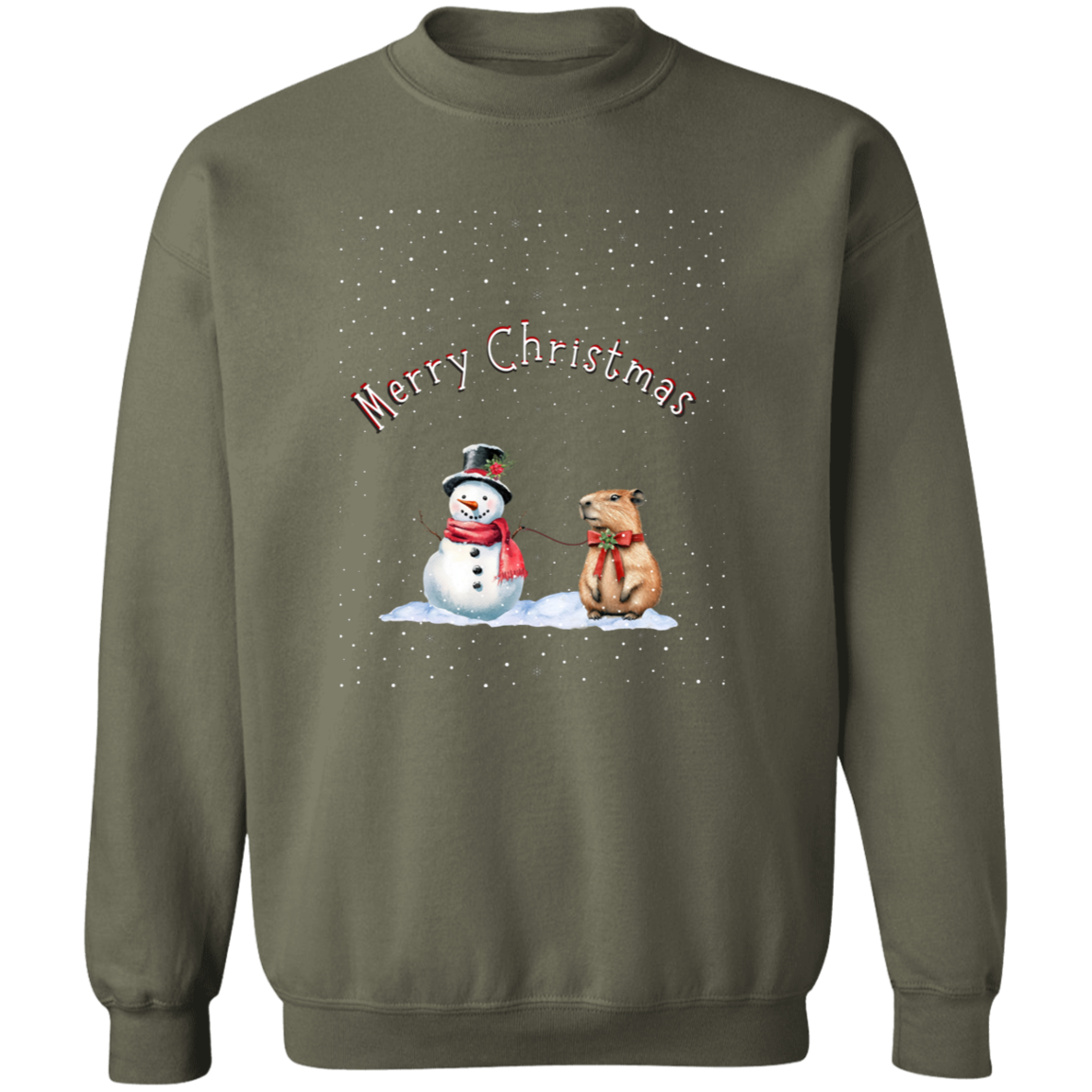 Merry Christmas Jolly Snowman walking a Capybara Ladies Cozy Sweatshirt