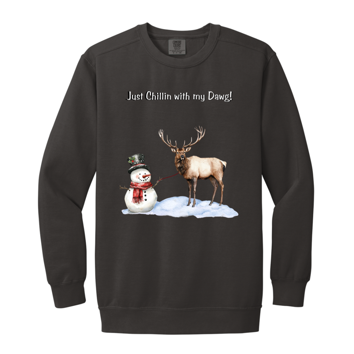 Snowman Chillin with Big Elk Reindeer Ladies Garment-Dyed Faded Crewneck Sweatshirt