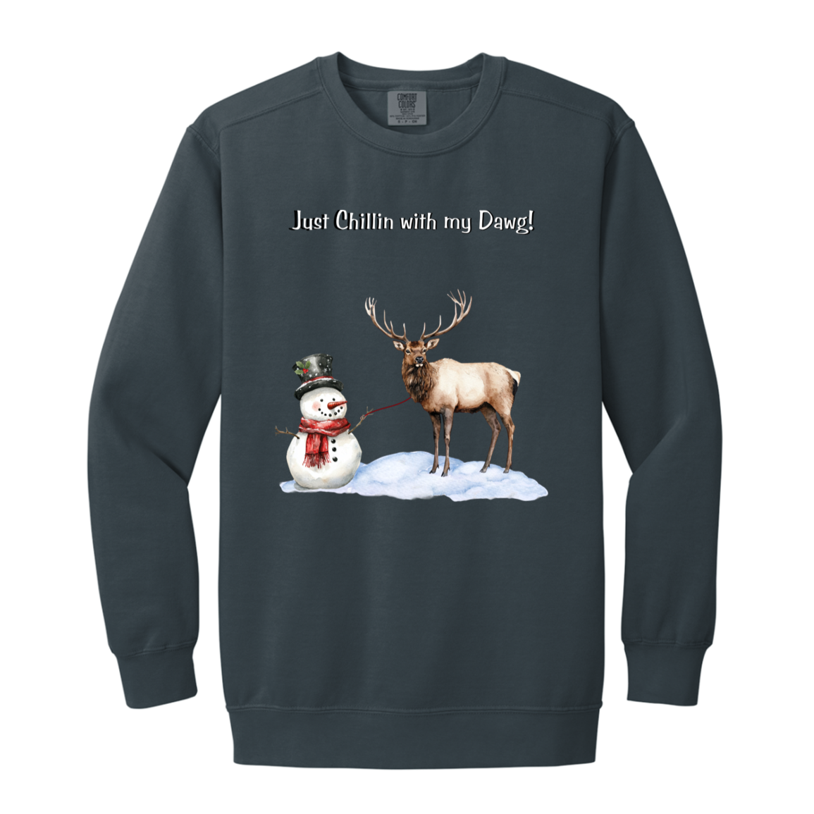 Snowman Chillin with Big Elk Reindeer Ladies Garment-Dyed Faded Crewneck Sweatshirt