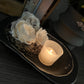 SMALL BLACK FARMHOUSE DOUGH BOWL WITH SPANISH MOSS & WOODEN FLOWERS