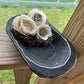 SMALL BLACK FARMHOUSE DOUGH BOWL WITH SPANISH MOSS & WOODEN FLOWERS