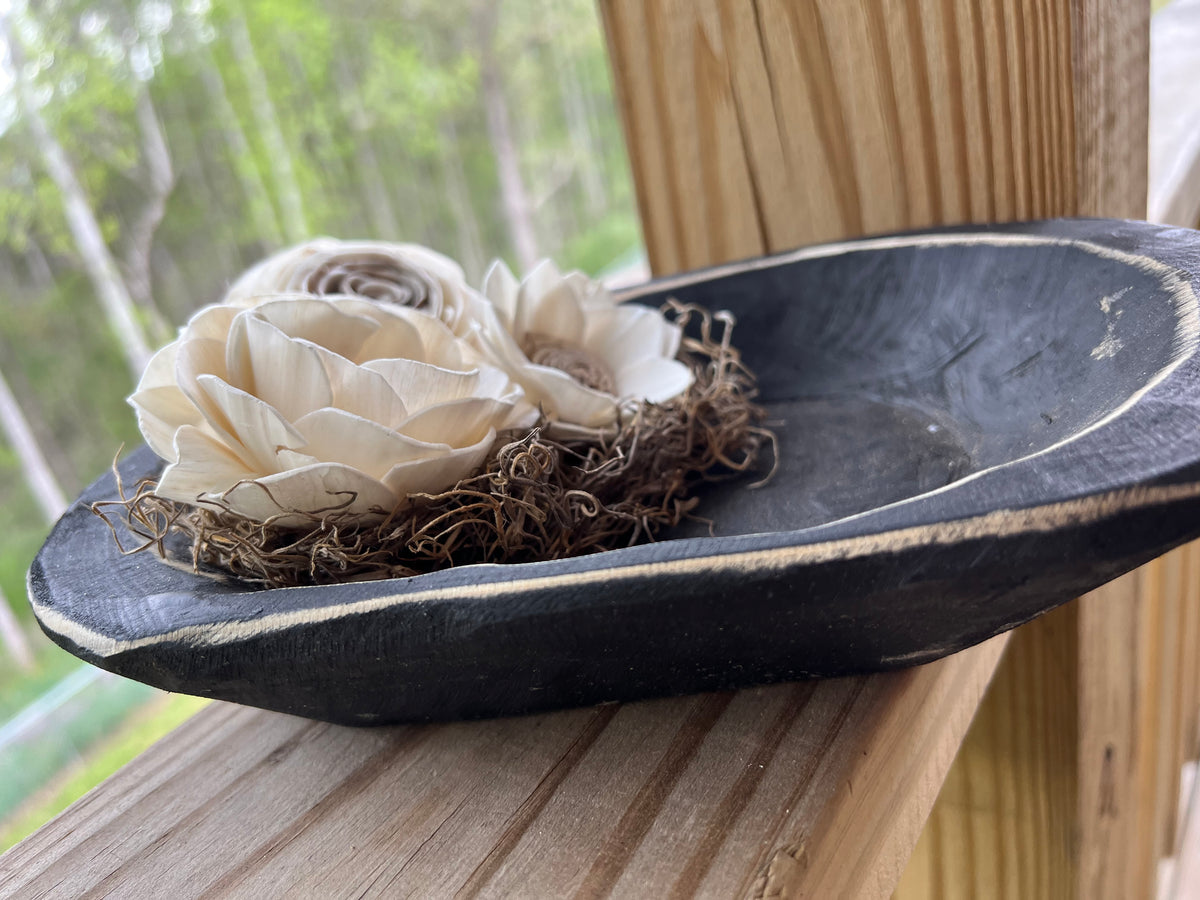 SMALL BLACK FARMHOUSE DOUGH BOWL WITH SPANISH MOSS & WOODEN FLOWERS