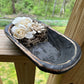 SMALL BLACK FARMHOUSE DOUGH BOWL WITH SPANISH MOSS & WOODEN FLOWERS