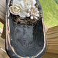 SMALL BLACK FARMHOUSE DOUGH BOWL WITH SPANISH MOSS & WOODEN FLOWERS